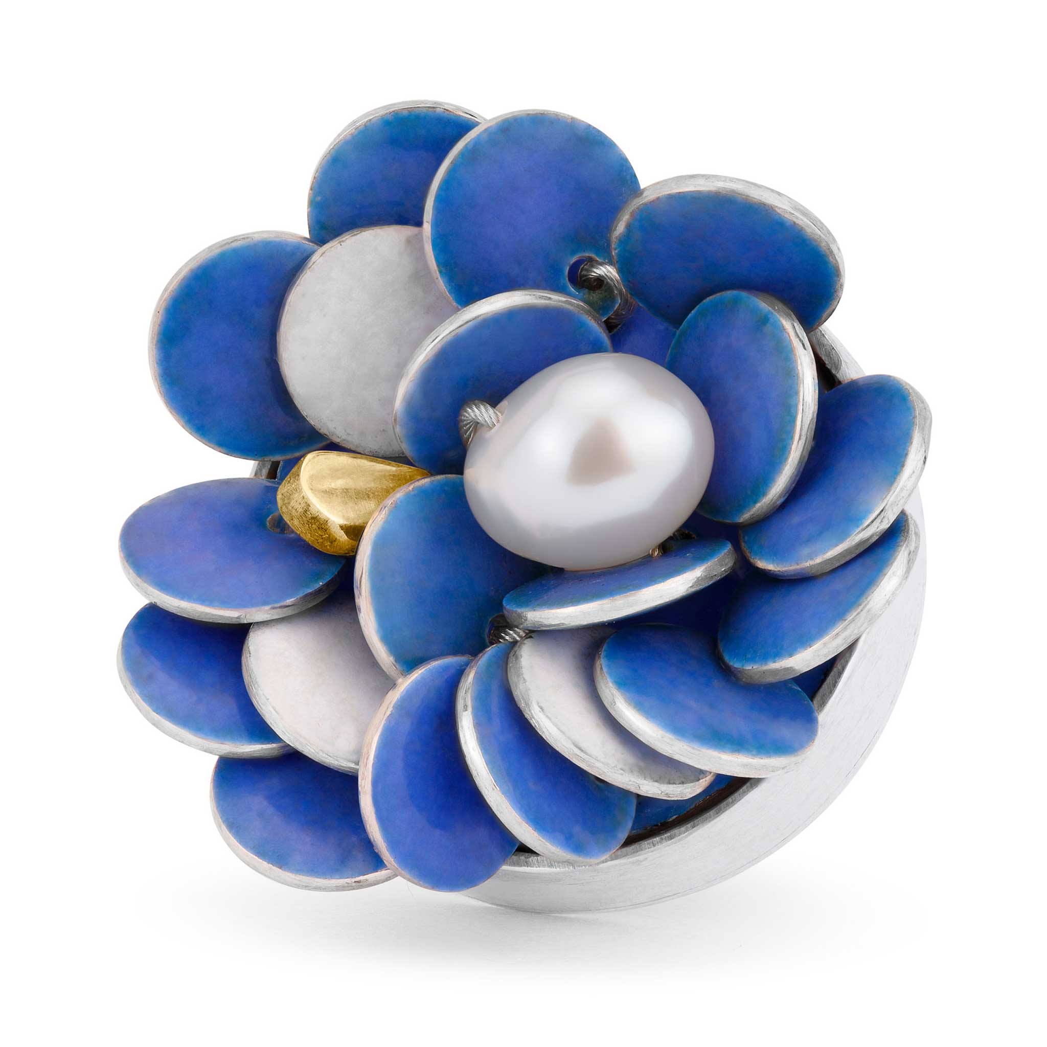 Lapel Pin in Enamelled Silver with Gold and Pearl